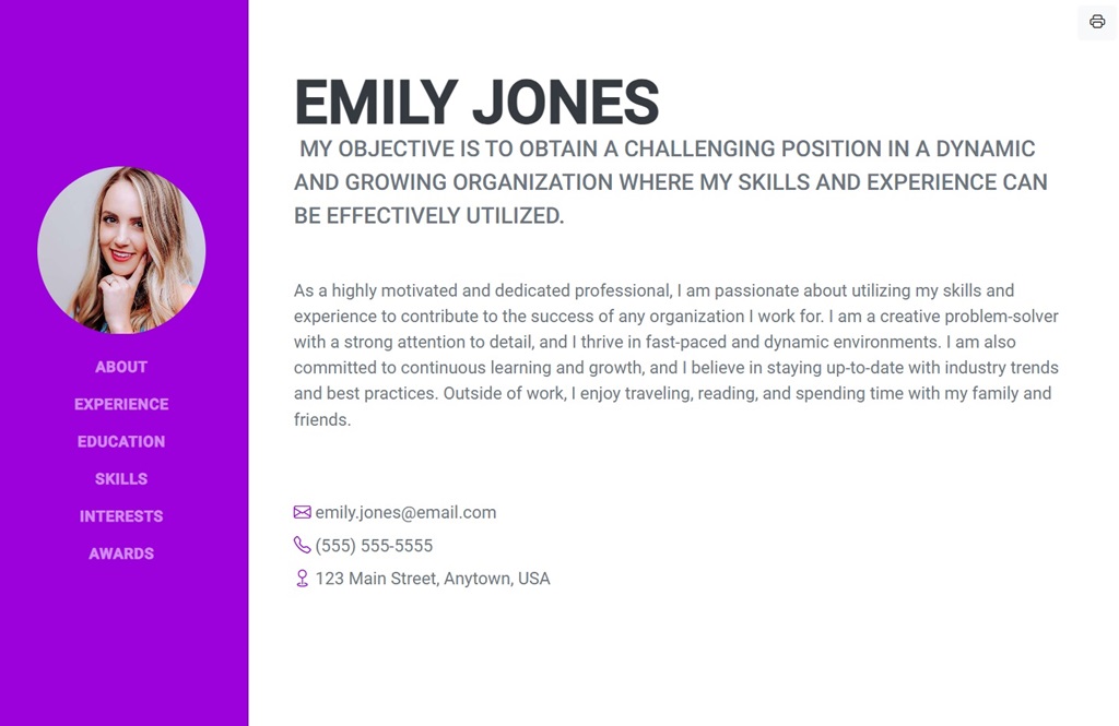 wayz.app free Resume page with CMS, contact info, professional background and experience